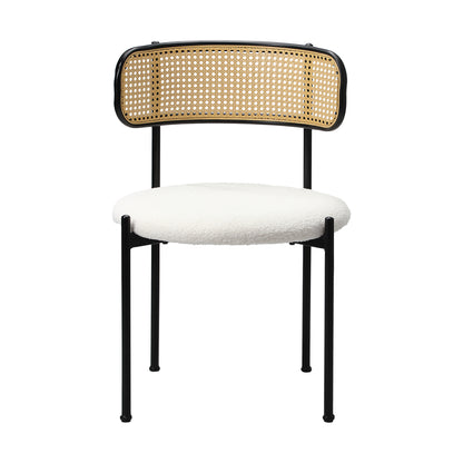 2x Dining Chairs Round Boucle Fabric Rattan Backrest Black & White Set
