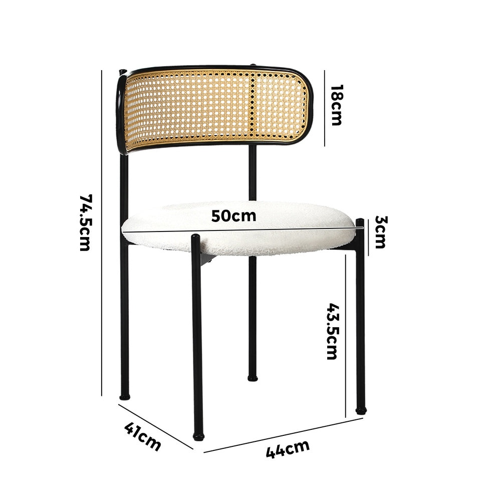 2x Dining Chairs Round Boucle Fabric Rattan Backrest Black & White Set