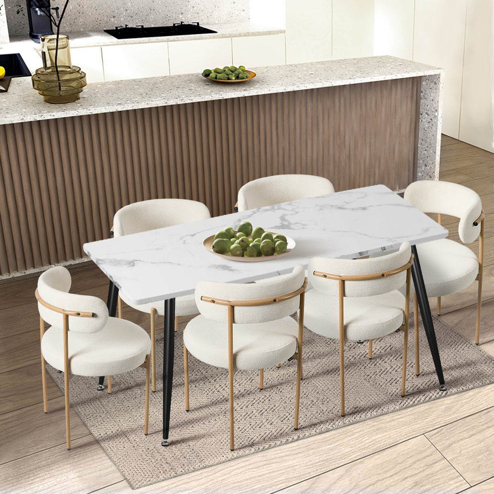 Boucle Dining Chair Kitchen Lounge Set White Natural 51.5x51.5x77cm Metal Wood