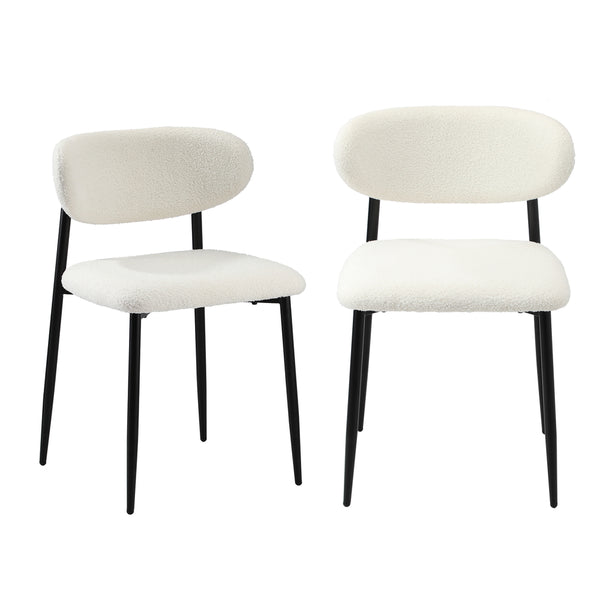  2x Dining Chairs Boucle Black/Wood and White