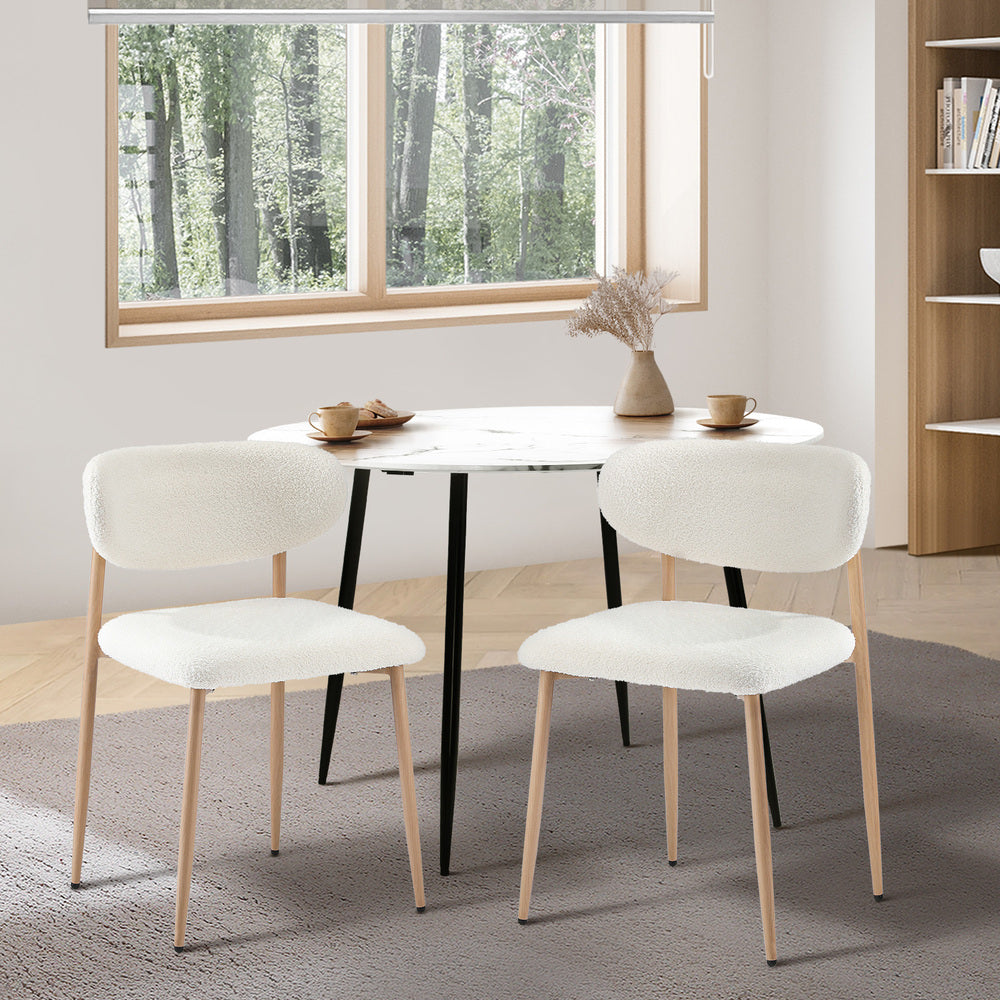 2x Dining Chairs Boucle Fabric Wood Frame White Modern Kitchen Lounge Set