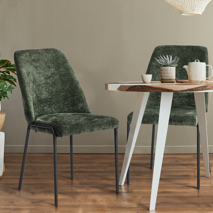 Set of 2 Dining Chairs Chenille Fabric Upholstered Padded Seat Beige Green & Grey