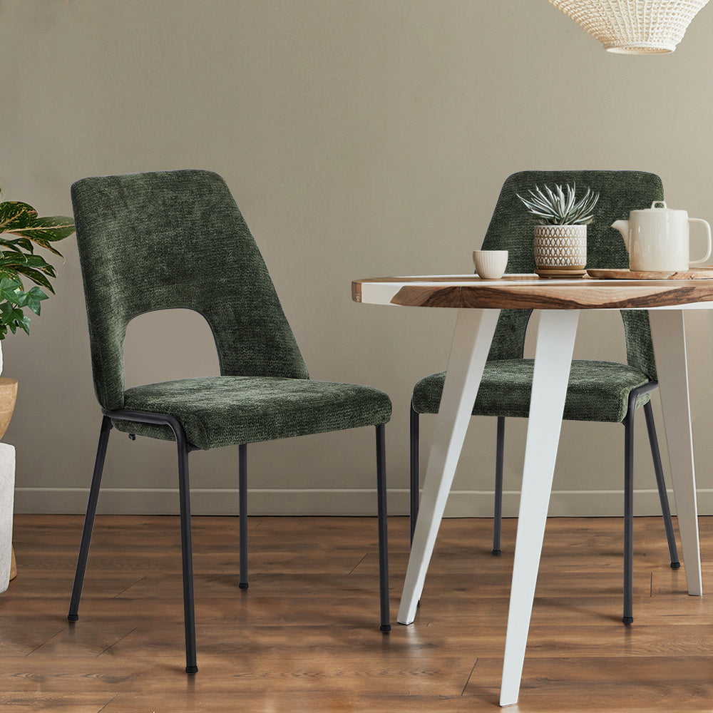 2x Dining Chairs Chenille Fabric Upholstered Kitchen Side Chairs Beige Green & Grey