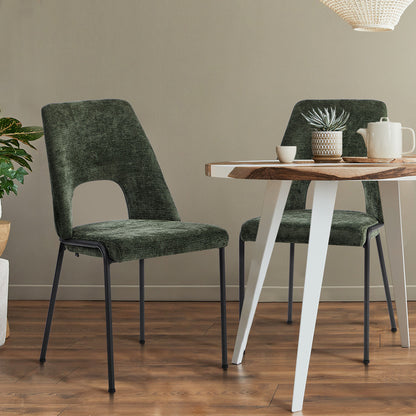 2x Dining Chairs Chenille Fabric Upholstered Kitchen Side Chairs Beige Green & Grey