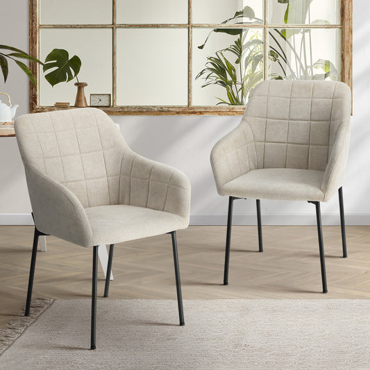 2x Dining Chairs Kitchen Accent Armchairs Linen Fabric Beige