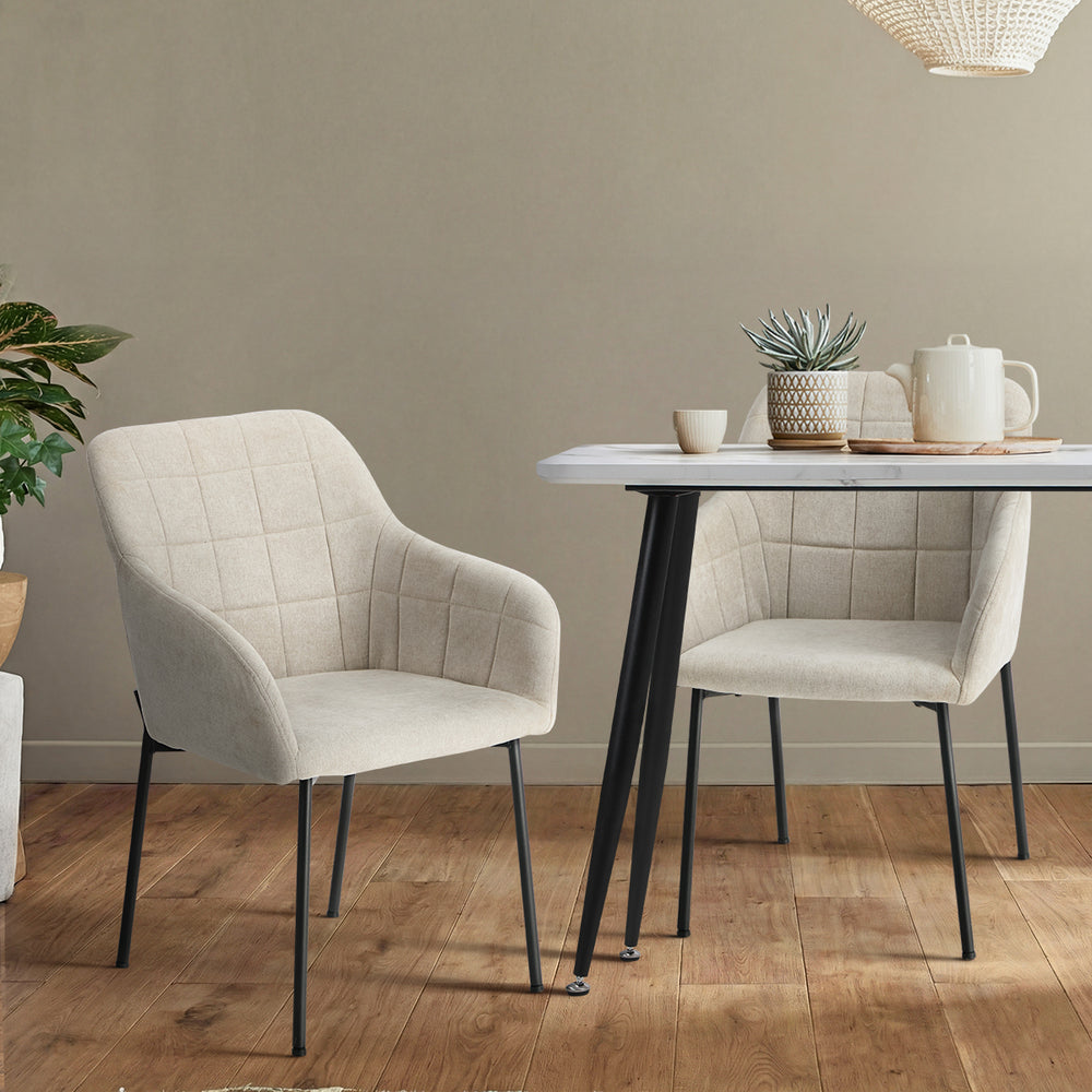 2x Dining Chairs Kitchen Accent Armchairs Linen Fabric Beige