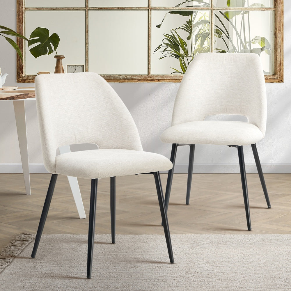 Dining Chair Set of 2 Beige/Grey Linen Fabric with Wraparound Padded Seat