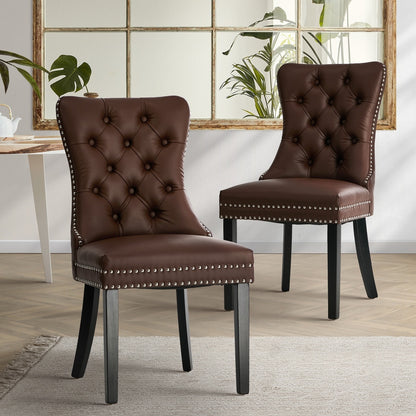 Dining Chair Upholstered French Tufted PU Leather Brown/Grey 2 Pack