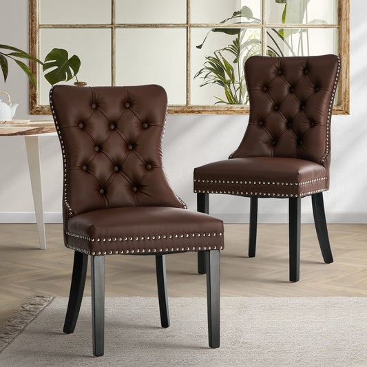 Dining Chair Upholstered French Tufted PU Leather Brown/Grey 2 Pack