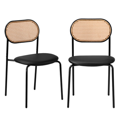 2PCS Rattan Dining Chair Sherpa PU Leather White/Black