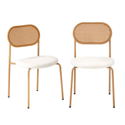 2PCS Rattan Dining Chair Sherpa PU Leather White/Black