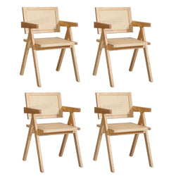 4x Wooden Dining Chairs Rattan Natural