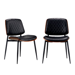 2x Dining Chairs Leather Seat Metal Legs Black/Walnut