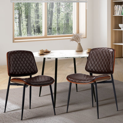 2x Dining Chairs Leather Seat Metal Legs Black/Walnut