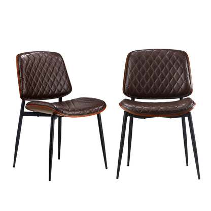 2x Dining Chairs Leather Seat Metal Legs Black/Walnut