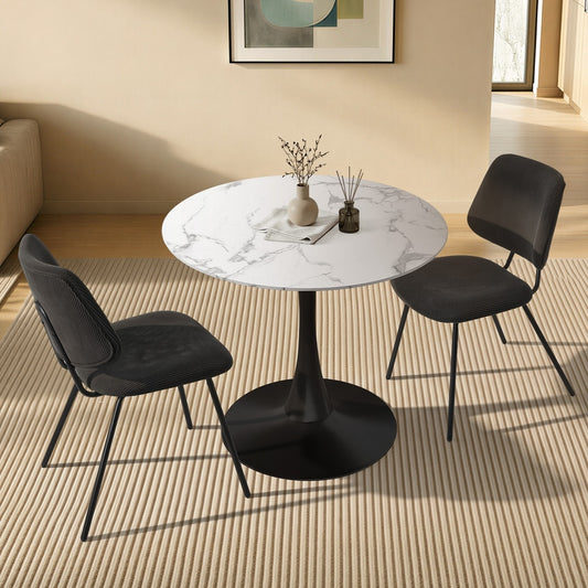 Dining Table Set Round White Table and 2 Black Chairs