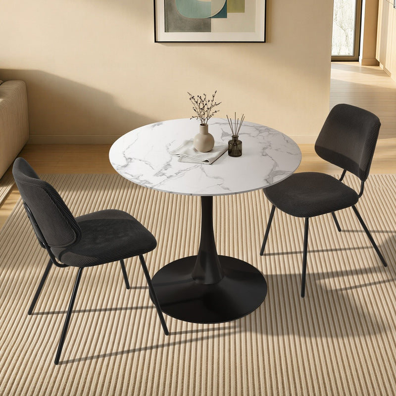 Dining Table Set Round White Table and 2 Black Chairs