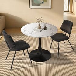 Dining Table Set Round White Table and 2 Black Chairs