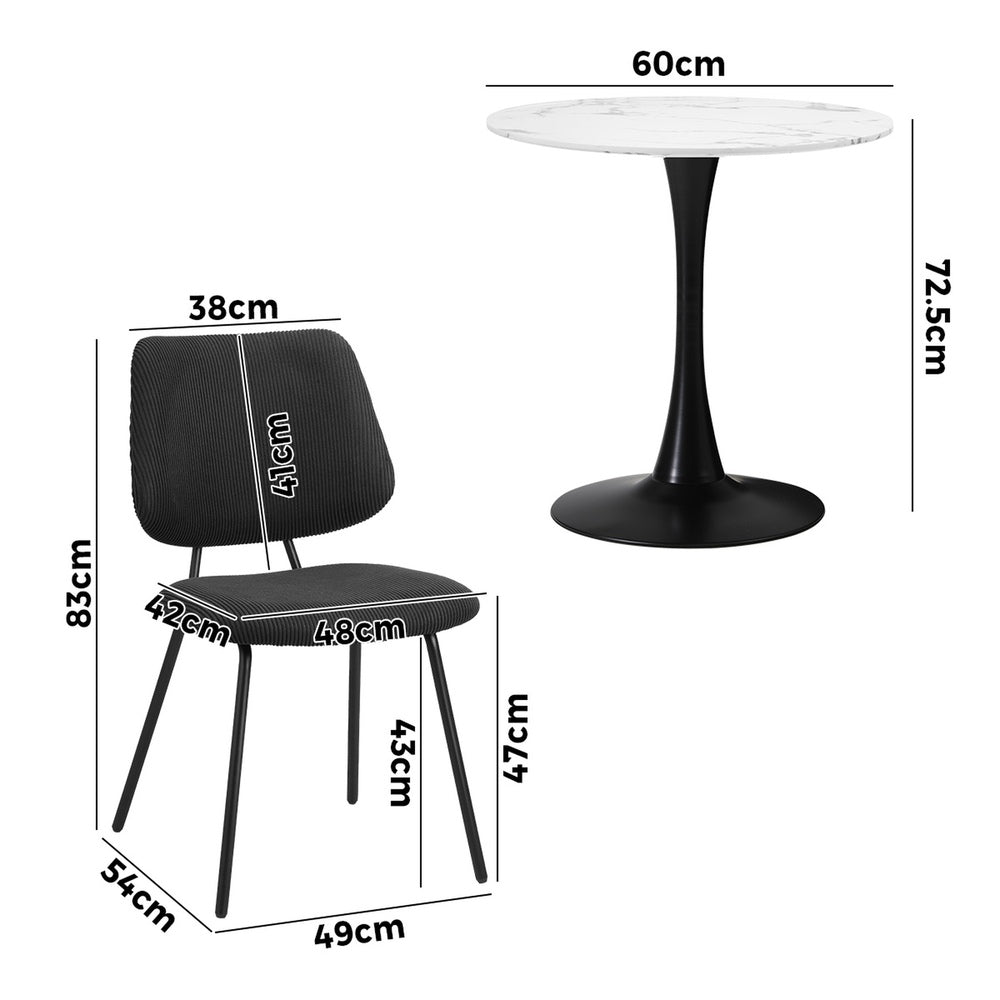 Dining Table Set Round White Table and 2 Black Chairs - 6