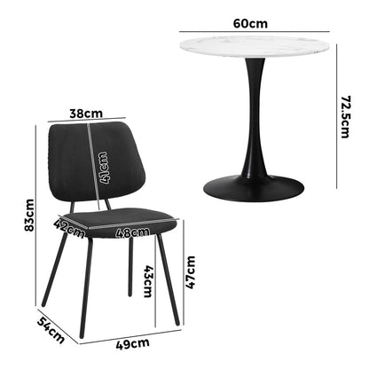 Dining Table Set Round White Table and 2 Black Chairs - 6