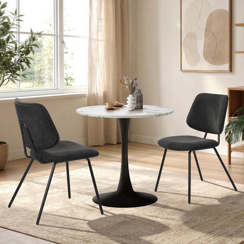 Dining Table Set Round White Table and 2 Black Chairs