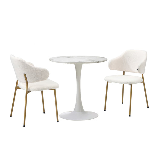 60cm Round Dining Table with 2x Dining Chairs Sherpa Gold&White