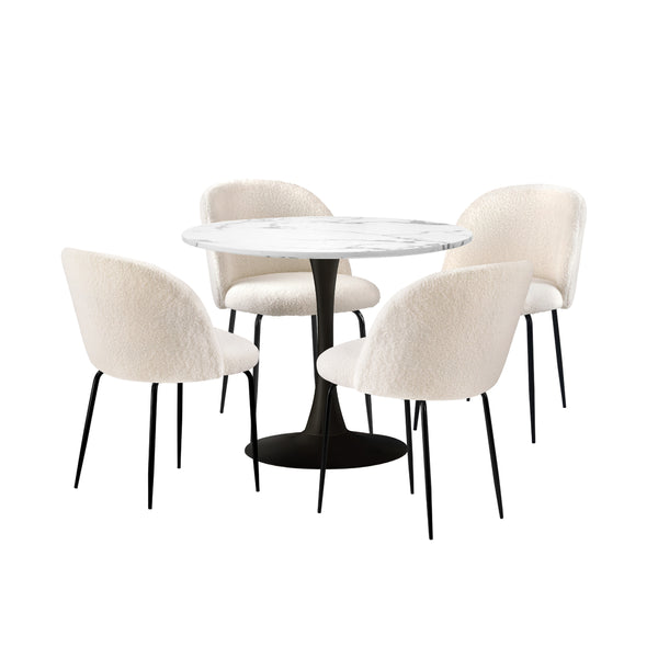  90cm Round Dining Table with 4PCS Chairs Sherpa White