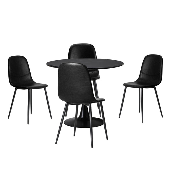  90cm Round Dining Table with 4x Dining Chairs PU Leather Black