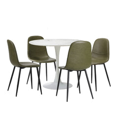 90cm Round Dining Table with 4 PU Leather Chairs Green for Kitchen or Dining