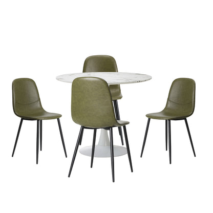 90cm Round Dining Table with 4 PU Leather Chairs Green for Kitchen or Dining