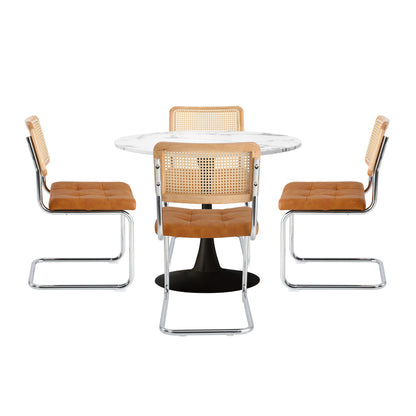 90cm Round Dining Table with 4PCS Chairs PU Leather Brown