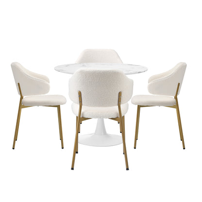 90cm Round Dining Table with 4x Dining Chairs Sherpa Gold&White