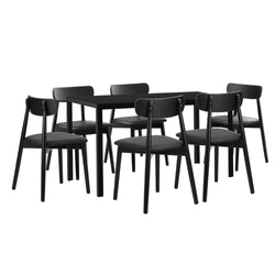 1.4m Dining Table with 6PCS Wooden Chairs Set Black PU Leather for Kitchen