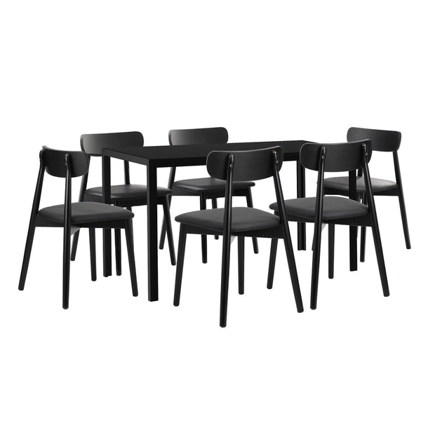  1.4m Dining Table with 6PCS Wooden Chairs Set Black PU Leather for Kitchen