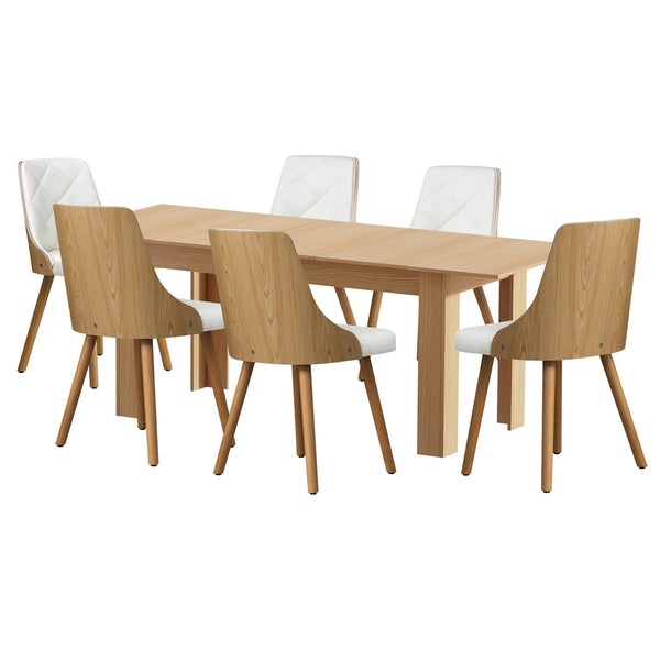  200cm Extendable Dining Table with 6PCS Dining Chairs PU Leather White