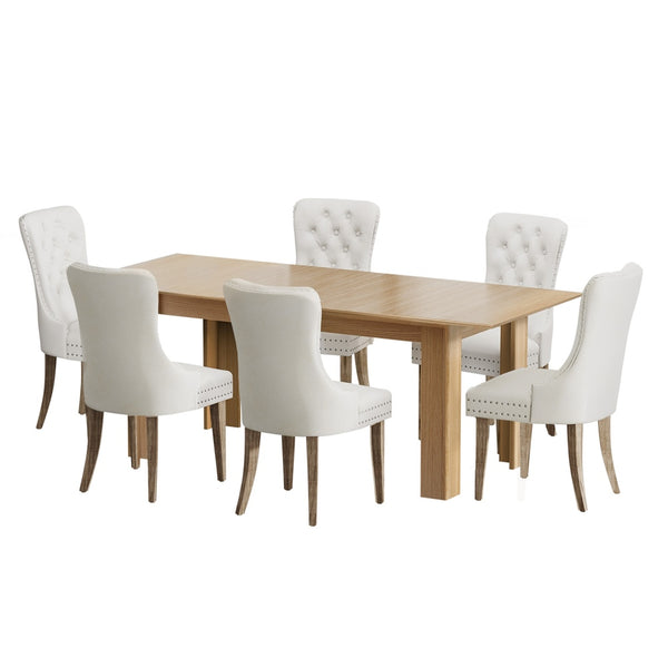  200cm Extendable Dining Table with 6PCS Dining Chairs Velvet Beige