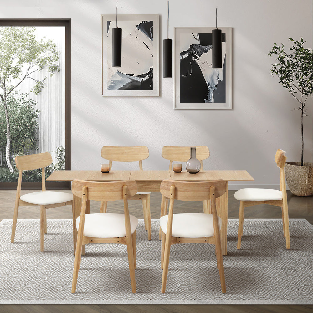200cm Extendable Dining Table with 6x Dining Chairs PU Leather Natural