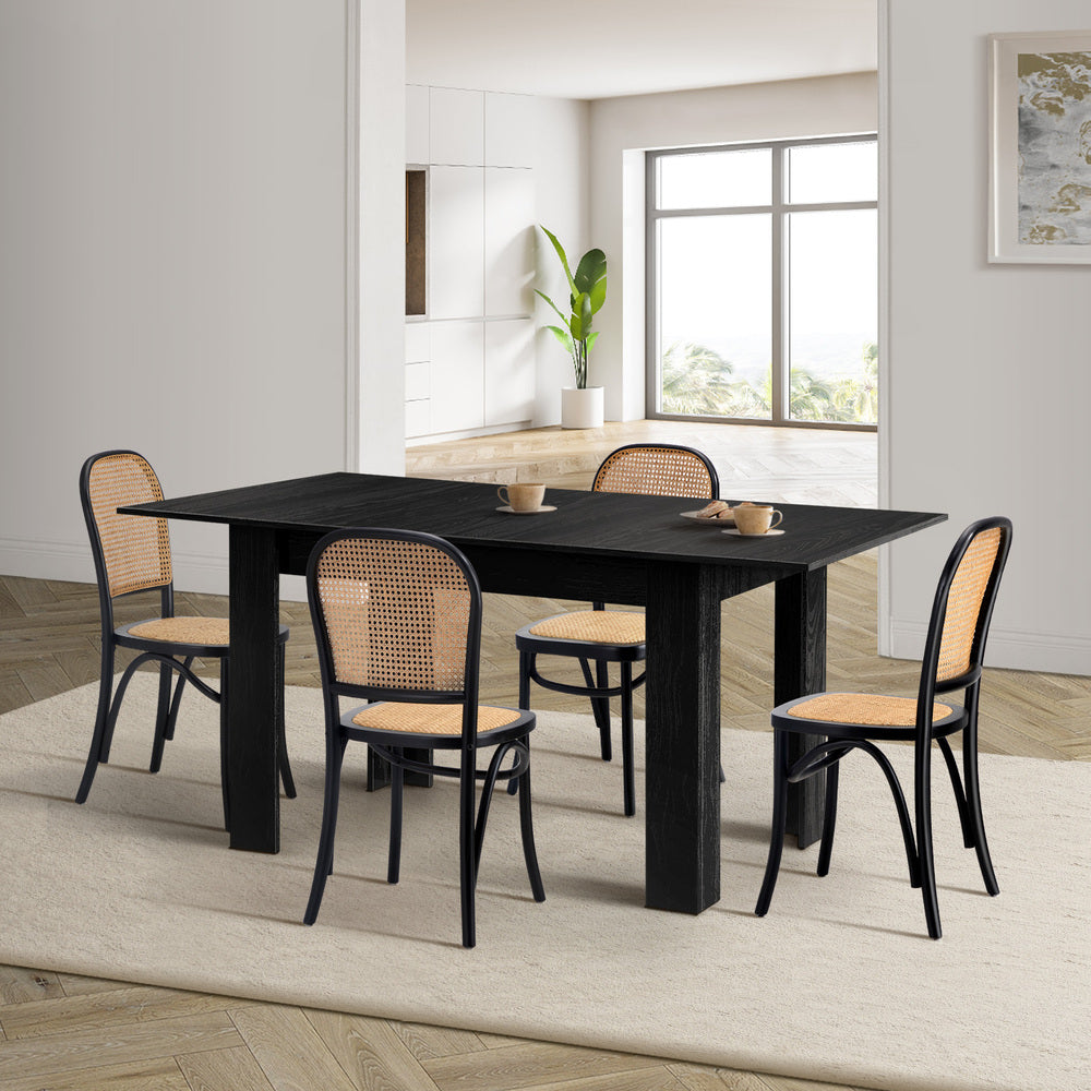 160cm Extendable Dining Table with 6PCS Dining Chairs Rattan Black