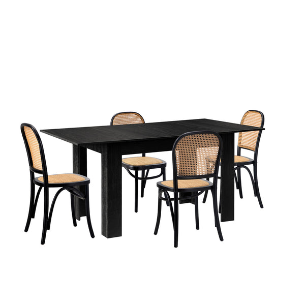  160cm Extendable Dining Table with 4PCS Dining Chairs Rattan Black