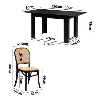 160cm Extendable Dining Table with 4PCS Dining Chairs Rattan Black