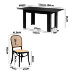 160cm Extendable Dining Table with 4PCS Dining Chairs Rattan Black