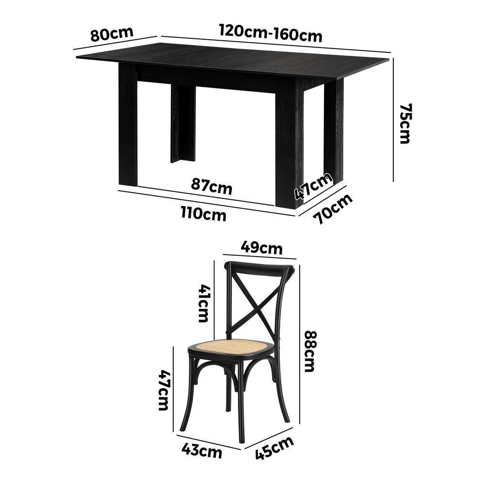 160cm Extendable Dining Table with 6PCS Dining Chairs Geometric Black