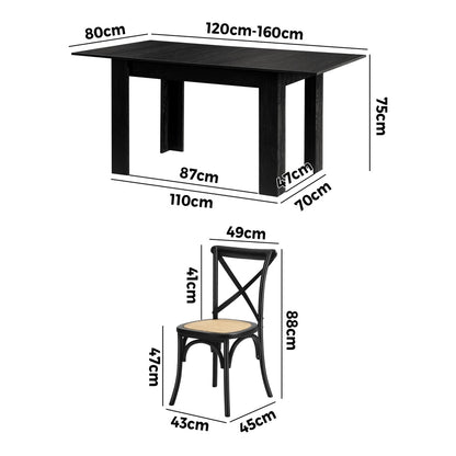 160cm Extendable Dining Table with 6PCS Dining Chairs Geometric Black