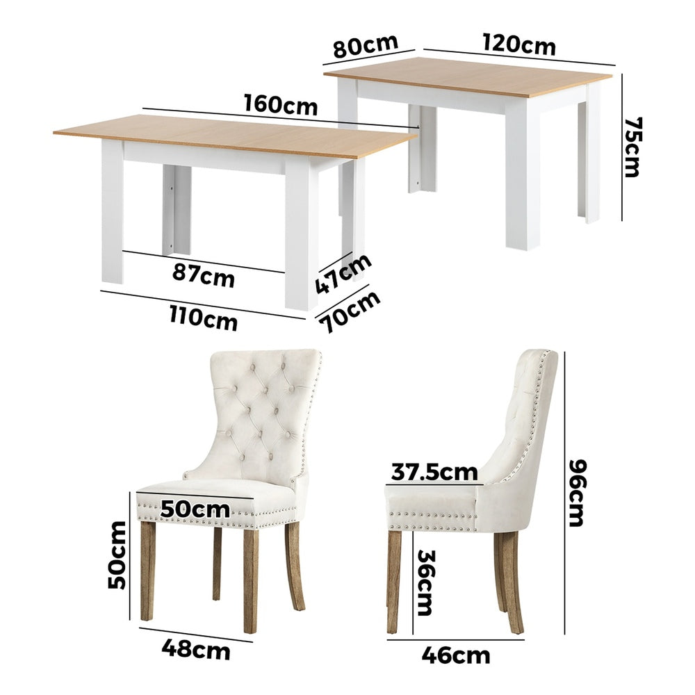 160cm Extendable Dining Table with 4PCS Chairs Velvet Beige