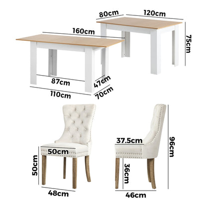160cm Extendable Dining Table with 4PCS Chairs Velvet Beige