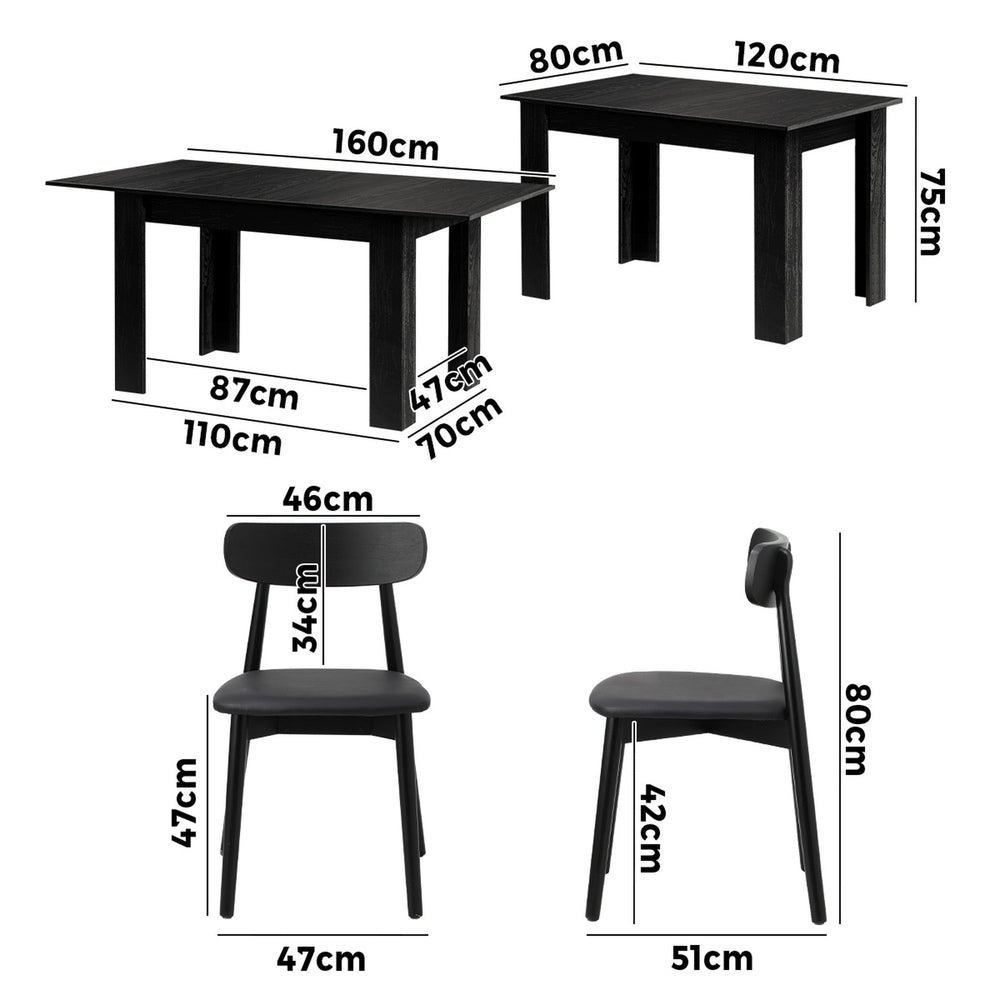 160cm Extendable Dining Table with 4x Dining Chairs PU Leather Black