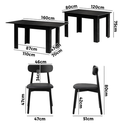 160cm Extendable Dining Table with 6x Dining Chairs PU Leather Black