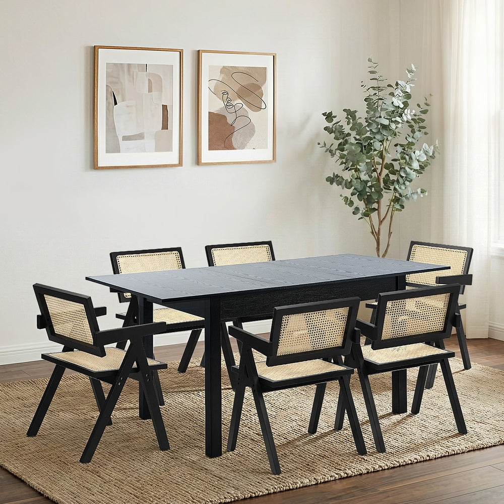 5&7 Piece Dining Table With Chairs Wooden Rattan Dining Set Black