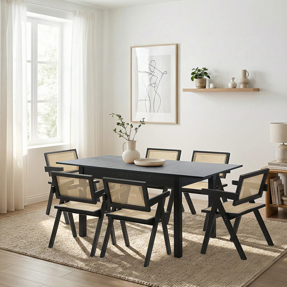 5&7 Piece Dining Table With Chairs Wooden Rattan Dining Set Black