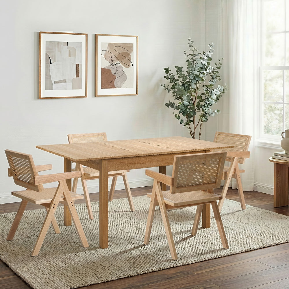 7pc & 5pc Dining Table and Chairs Set Wooden Rattan Style Natural Finish
